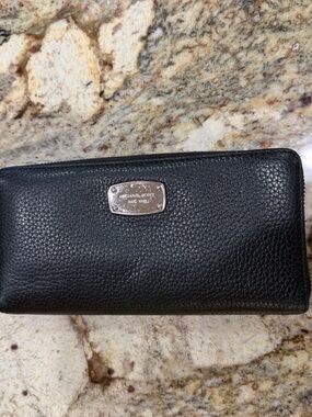 Michael Kors Black Pebbled Leather Wallet with Silver Plate